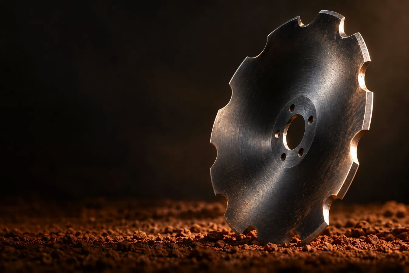 Disco recortado de implemento agrícola apoiado sobre a terra, iluminado em fundo escuro.