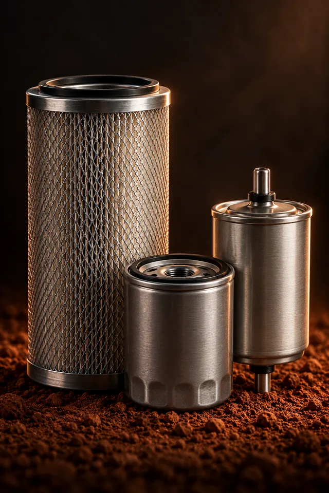 Conjunto de filtros agrícolas de ar, óleo e combustível.