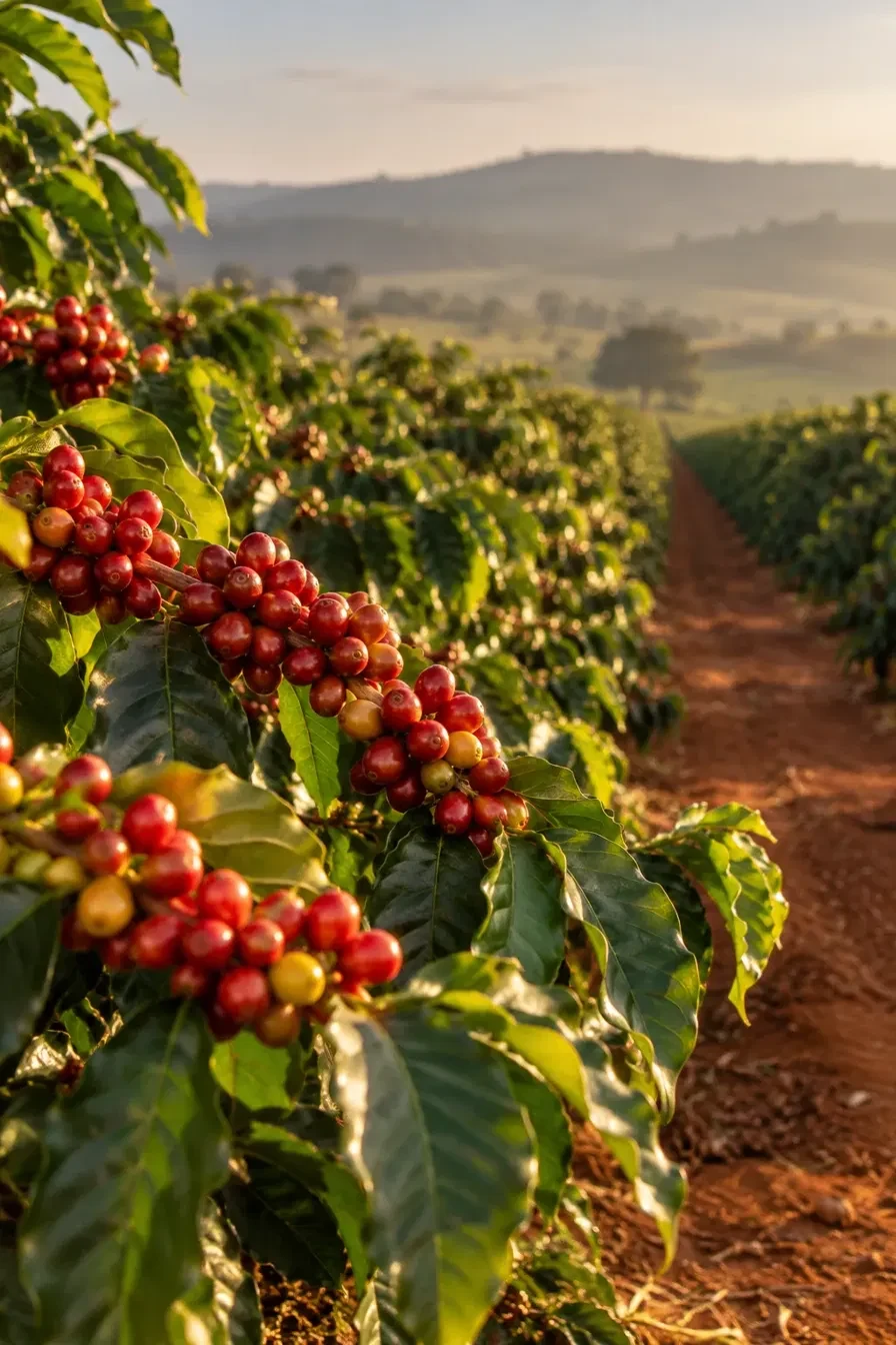 Grãos de café nos galhos diante das fileiras de uma lavoura.