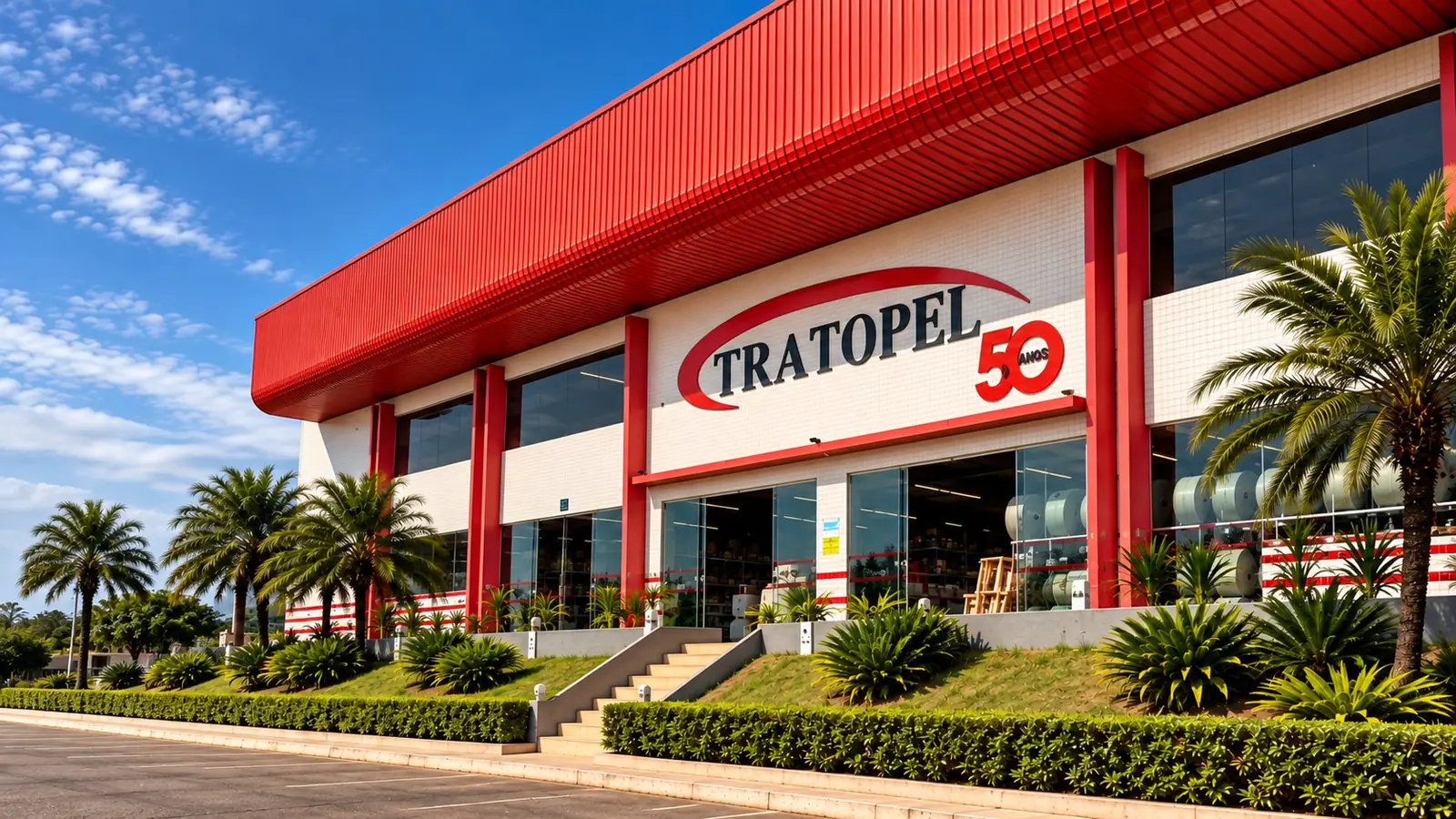 Fachada da loja Tratopel em Patrocínio/MG, com a marca TRATOPEL e a inscrição 50 anos.